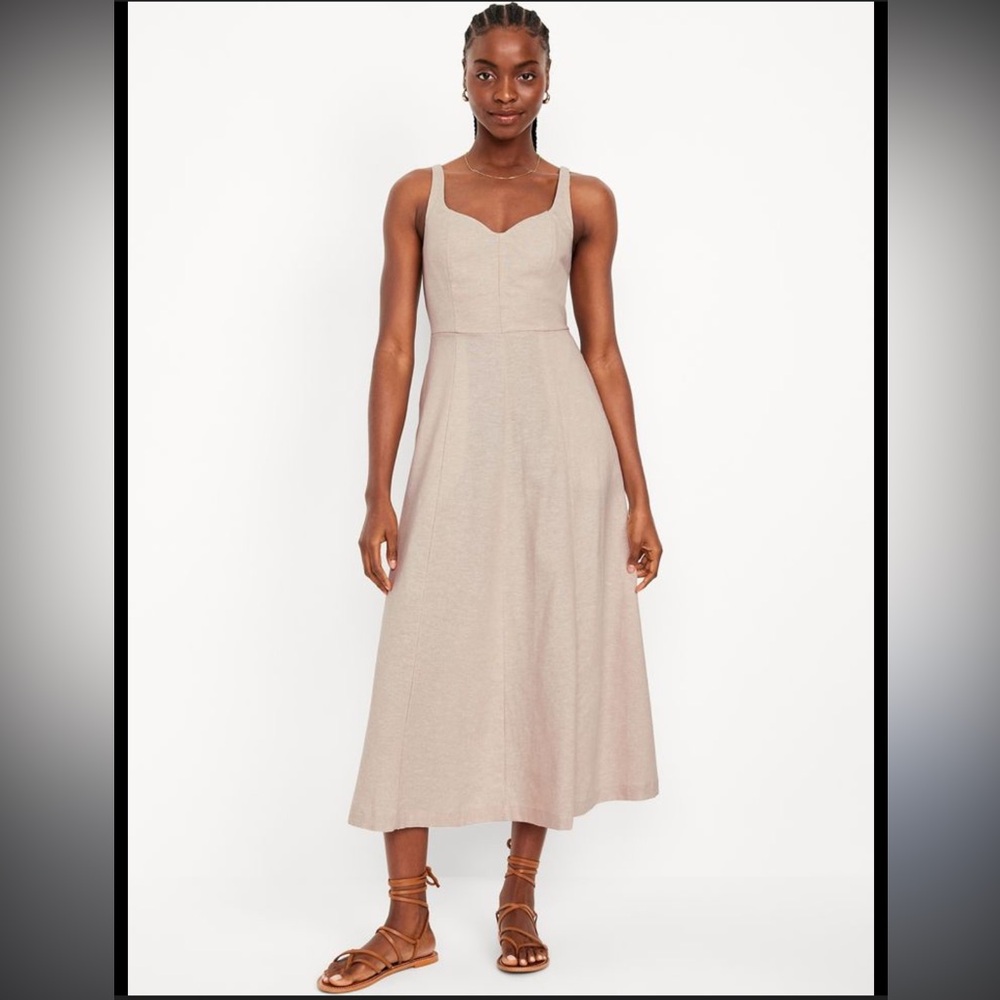 Old Navy Beige Linen Blend Sleeveless Summer Fit & Flare Dress Size Small EUC - Picture 2 of 8